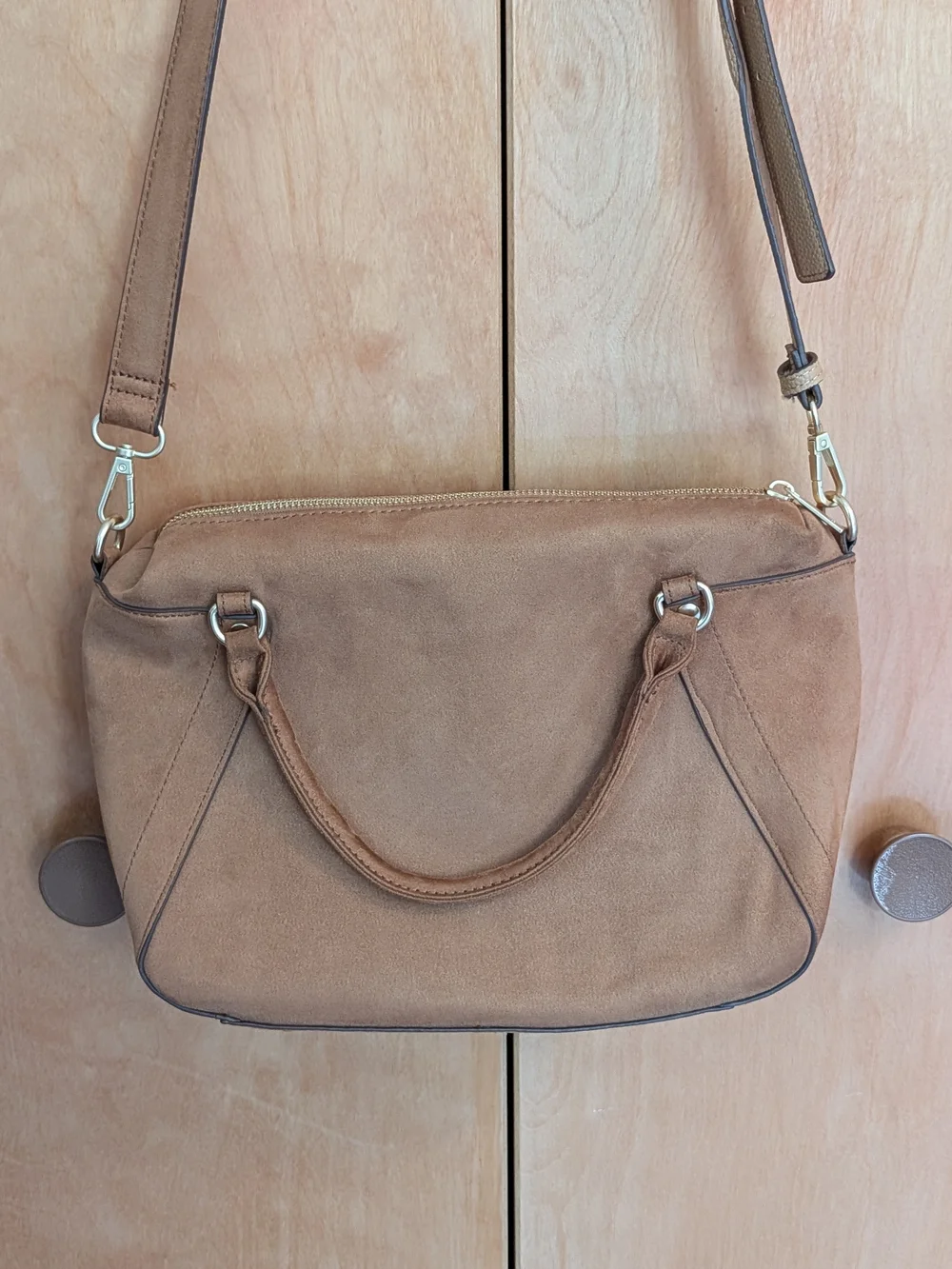 Nanette Lepore Faux Suede Satchel Bag in Camel W/Gold-tone Accent Chain